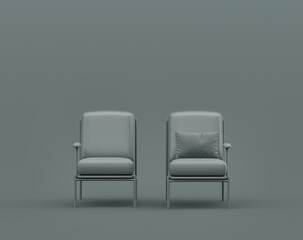 Two armchairs in a monochrome dim gray interior room, single gray color, 3d Rendering