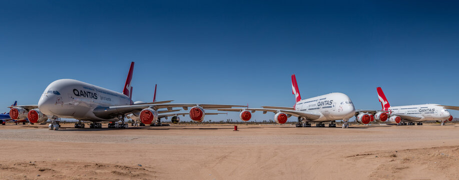 Victorville, California, USA, June 2021, Southern California logistics airport, aka as Victorville Airport, Qantas Airbus A380 airplanes stored in the dessert due to worldwide coronavirus pandemic.  
