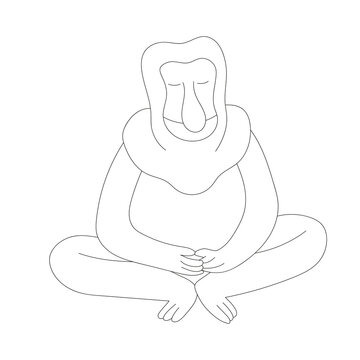 El mono narigudo sentado con los ojos cerrados. Ilustraci&oacute;n  en blanco y negro.