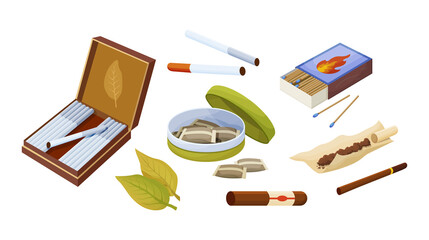 Collection tobacco products. Set of different things and accessories for smoking vector illustration