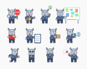 Rhino mascots in business suit in various situations. Cute rhino holding stop sign, parcel, loudspeaker, box, reading book and other actions. Modern vector illustration © paper_owl