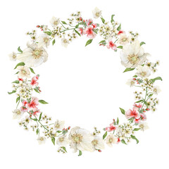 Tender Wreath - Watercolor flowers of summer gardens, meadows. for textile print or wallpaper design, invitation for wedding, card design. Romantic vintage mood.