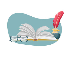 An open book on the table with an inkwell with a pen and glasses. Education, reading.