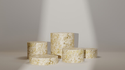 3D rendering of mockup background. Podium for show product. Blank scene showcase with empty round stage.