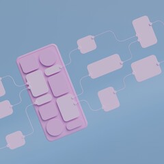 UX UI flowchart connection node graphic designer creative planning application process development data prototype wireframe for web mobile icon phone . User experience concept. 3d rendering.
