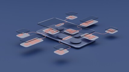 UX UI flowchart connection node graphic designer creative planning application process development data prototype wireframe for web mobile icon phone . User experience concept. 3d rendering.