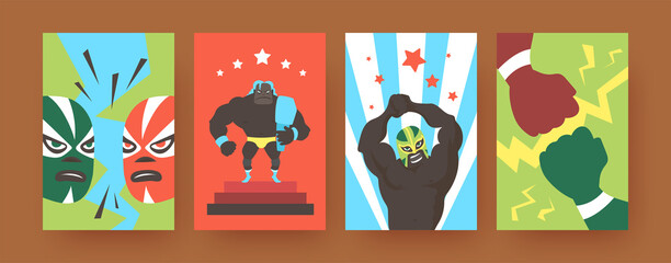 Set of contemporary art posters with Mexican wrestlers. Vector illustration. .Colorful collection of angry wrestlers in colorful suits during fight in bright background. Fight, wrestling, sport