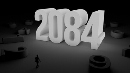 3D illustration of number 2084 with a man walking towards it