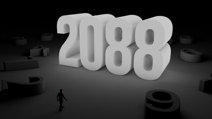 3D illustration of number 2088 with a man walking towards it