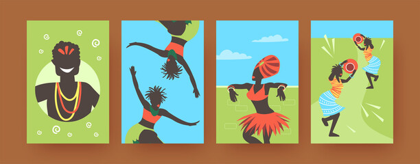 Set of contemporary art posters with African dancing people. Vector illustration. .Colorful collection of Africans wearing ethnic clothes, dancing in colored background. Africa, dance, culture concept