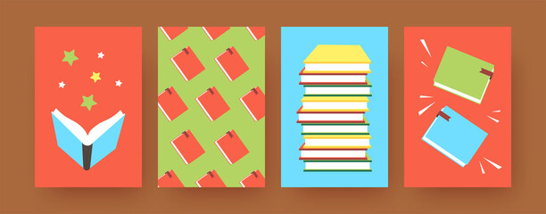Set of contemporary art posters with books in colorful covers. Vector illustration. .Collection of different cartoon books in bright background. Book, literature, education concept for banner design