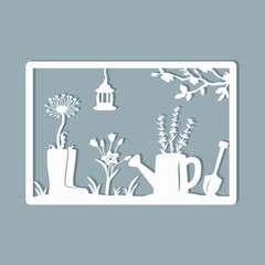 lavender watering can, dandelion rubber boots, garden shovel. silhouette. laser cutting. Vector graphics. eps