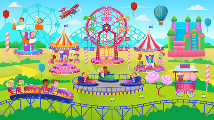 Theme Park scene with electric cars, ferris wheel, carrousel, trampoline. Amusement park. Vector illustration for children.