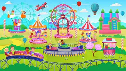 Fototapeten Theme Park scene with electric cars, ferris wheel, carrousel, trampoline. Amusement park. Vector illustration for children. © NADEZHDA