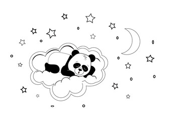 Cute panda on a cloud in the starry sky with the moon coloring pages © Natasha 
