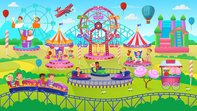 Theme Park scene with electric cars, ferris wheel, carrousel, trampoline. Amusement park. Vector illustration for children.