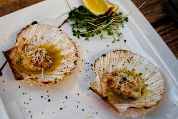 Shell mussels on the table cooked beautifully decorated in a restaurant delicious food