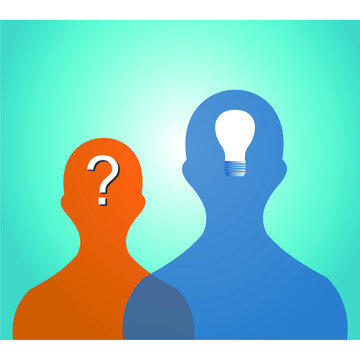 image of two transparent people icons with light bulbs and question marks on their heads