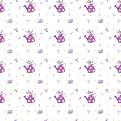 Seamless pattern, stems and leaves of lavender, retro purple watering can, mug, bow