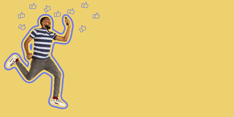 Full length of african young man taking phone while jumping against studio background. Mobile, motion, movement, business concepts