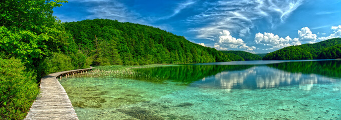 Extra wide panorama of “Plitvice” Lake, path and bridge in HDR Croatia Europe National Park - 439815627