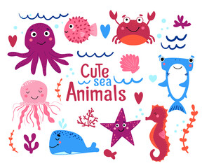 Set of cute sea animals .Crab, shark, whale, fish ball, seahorse, octopus, jellyfish and starfish on white background. Vector illustration.