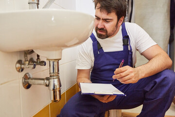 Plumber with checklist after repairing the siphon