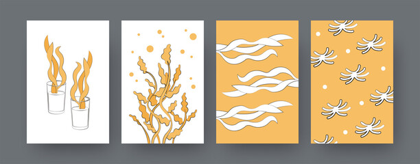 Collection of contemporary posters with seaweed and algae. Plants underwater, in glass cartoon vector illustrations. Marine life, nature concept for designs, social media, postcards, invitation cards
