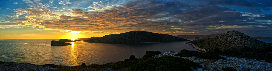 Fototapeta na wymiar Best 360 degrees photo of sunset Kornati Islands national park archipelago view, landscape of Dalmatia, Croatia in Europe