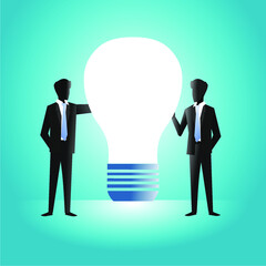 two business men holding light bulbs in the middle