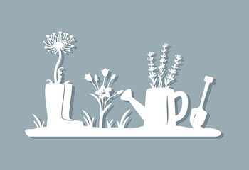 rubber boots with a dandelion, a ladder with a lavender, a garden shovel. laser cut design. vector. eps