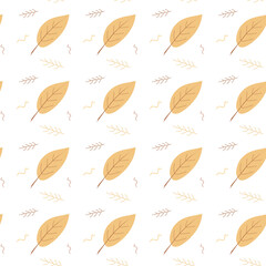 Seamless autumn pattern of simple leaves and branches in a pastel color scheme. Vector illustration