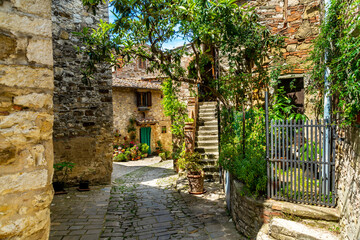 One of the alleys in the medieval village of Montefioralle Florence Tuscany Italy