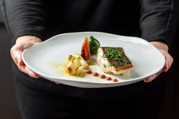 Front view of chef holding gourmet plate of grilled fish fillet with vegetables.