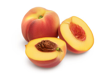 Ripe peach fruit and half isolated on white background with clipping path and full depth of field