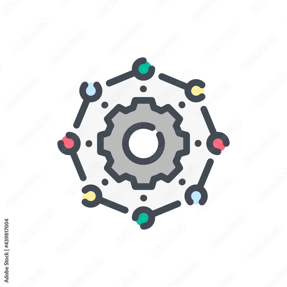 Poster workflow process and automated system color line icon. gear with connection to circles vector outlin