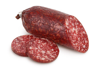 Smoked sausage salami isolated on white background with clipping path and full depth of field