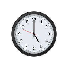 Round Clock Mockup Showing 5 O'clock, Isolated on White Background. Vector Illustration