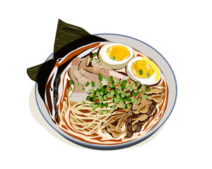 Pork noodles with mushroom and boiled eggs and seaweed. Japanese food close up top view drawing vector illustration. Anime food
 
