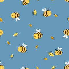 Seamless pattern with bee cartoons and leaves on blue background vector illustration.