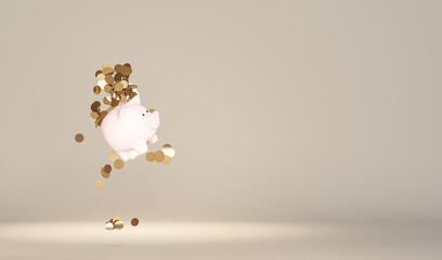 Piggy bank with falling gold coin, on pastel beige background. Financial planning for the future. Earning, saving and investing money concept. 3d rendering, conceptual image.