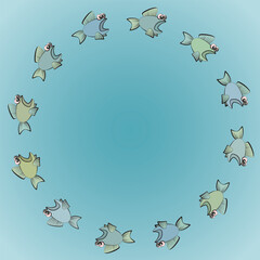 Fishes swimming in circles, one follows the other scared, rashly and thoughtlessly. Symbol for group dynamics, peer pressure, mass hysteria, overreliance, blind trust. Vector comic illustration.