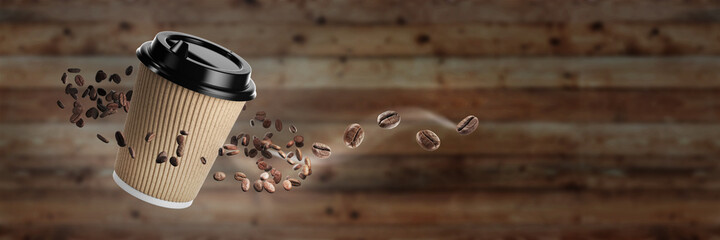 Banner for a coffee shop. Coffee cup with coffee beans on a wooden background with coffee beans. Disposable white paper hot drink cup with black lid and kraft paper combo sleeve. 3D rendering.
