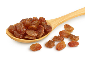 Brown raisins in wooden spoon isolated on white background with clipping path and full depth of field