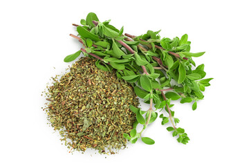 Oregano or marjoram leaves fresh and dry isolated on white background with clipping path. Top view....