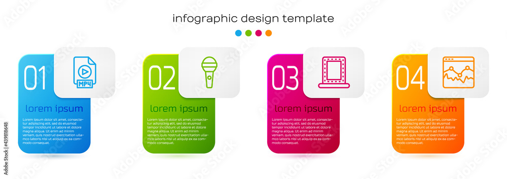 Poster set line mp4 file document, microphone, makeup mirror with lights and music wave equalizer. business