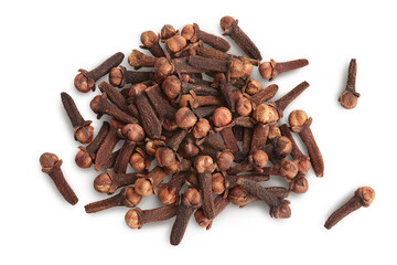 Dry spice cloves isolated on white background with clipping path. Top view. Flat lay