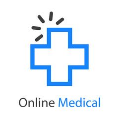 Logotipo con texto Online Medical con cruz con forma de puntero de mouse con lineas en color azul y gris