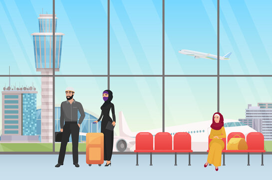 Arab people waiting for flight in airport hall terminal departure interior with panoramic window vector illustration. Cartoon young muslim woman in hijab standing with personal baggage before travel
