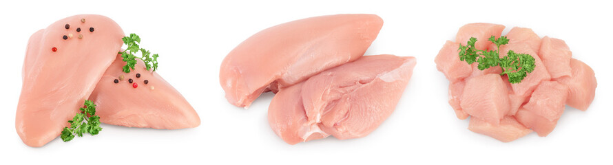 Fresh chicken fillet isolated on white background with full depth of field. Set or collection